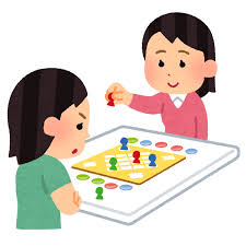 Illustration of two girls playing a board game. Made by Takashi Mifune.