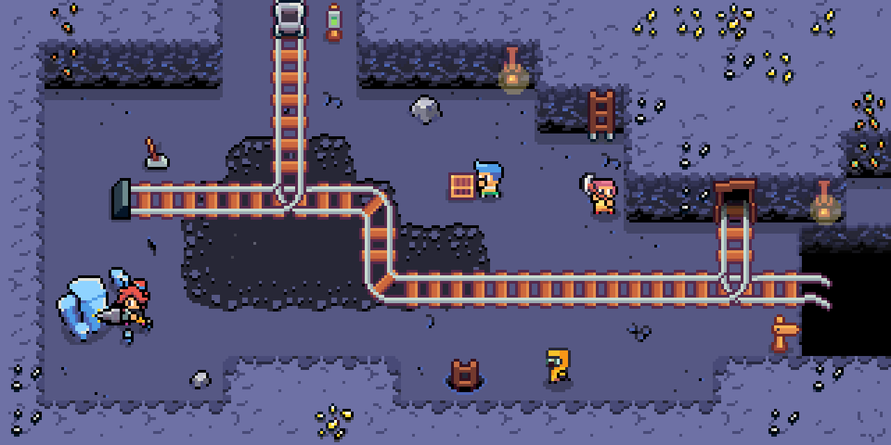Pixel art mine with tracks, minecart, three characters, ladders, rocks, and scattered gold nuggets.