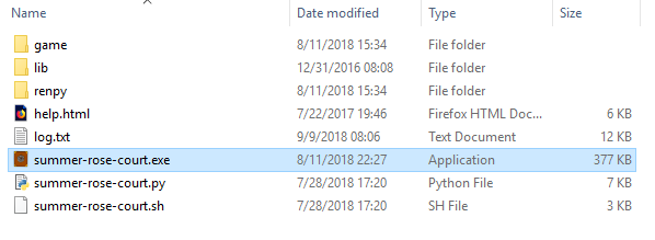 Screenshot of the Windows 10 file explorer after Summer Rose Court is unzipped. summer-rose-court.exe is highlighted.