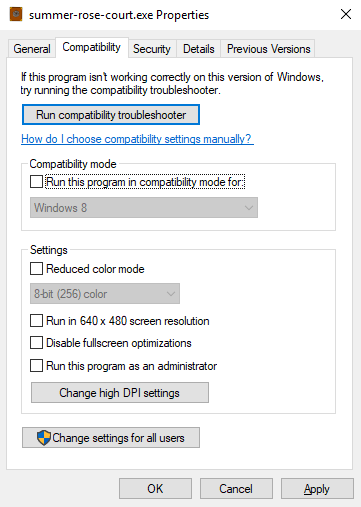 Screenshot of the Compatibility properties of summer-rose-court.exe