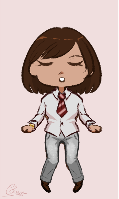 Character with messy dark shorter hair in collared shirt and pants with closed eyes and exhausted expression