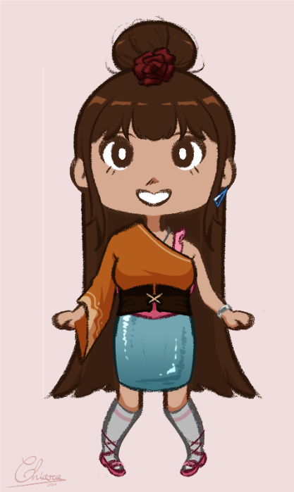 Character with knee-long bound-up dark hair decorated with a rose in an orange half-length one-sided Kimono (I think), a light-blue pencil skirt, trousers and pinkish sandals looking at the viewer with wide-open eyes while wearing a gleaming smile – she has a single blue ear thing hanging from her right ear adding to overall appearance that she couldn’t quite settle on a style but somehow still making it work