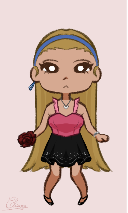 Character with knee-long well-kept blonde hair in just a pink bra, a black sparkly short skirt and ballerinas looking at the viewer with big puppy eyes and a tiny caret-like pouty mouth – she’s holding the rose in her left hand and somehow appears to redden a bit