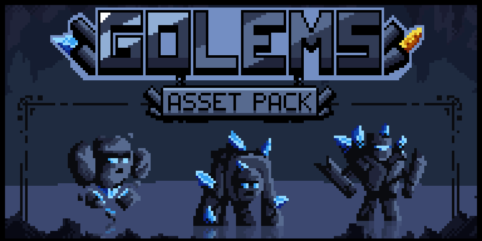 Pixel art banner with three crystal-covered golem characters and the text 'GOLEMS ASSET PACK' above them.