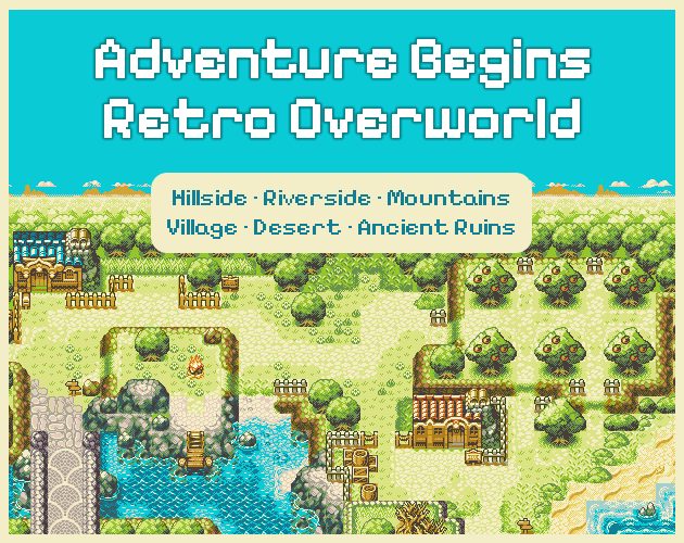 Pixel art game map with villages, rivers, trees, and buildings under bold text reading 'Adventure Begins Retro Overworld'.