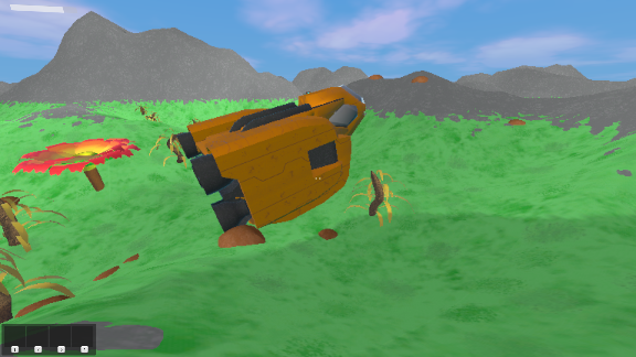 An orange ship on a procedural terrain.