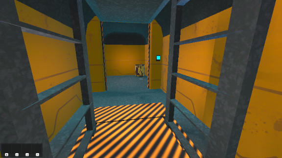 The interior of the same ship in the above screenshot. Standing on an elevator with warning striped on it, looking towards the back of the ship.