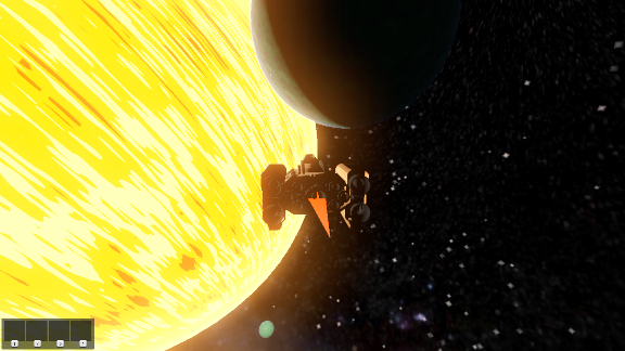 Screenshot of the player in third person view in their ship, looking at a planet near the sun.