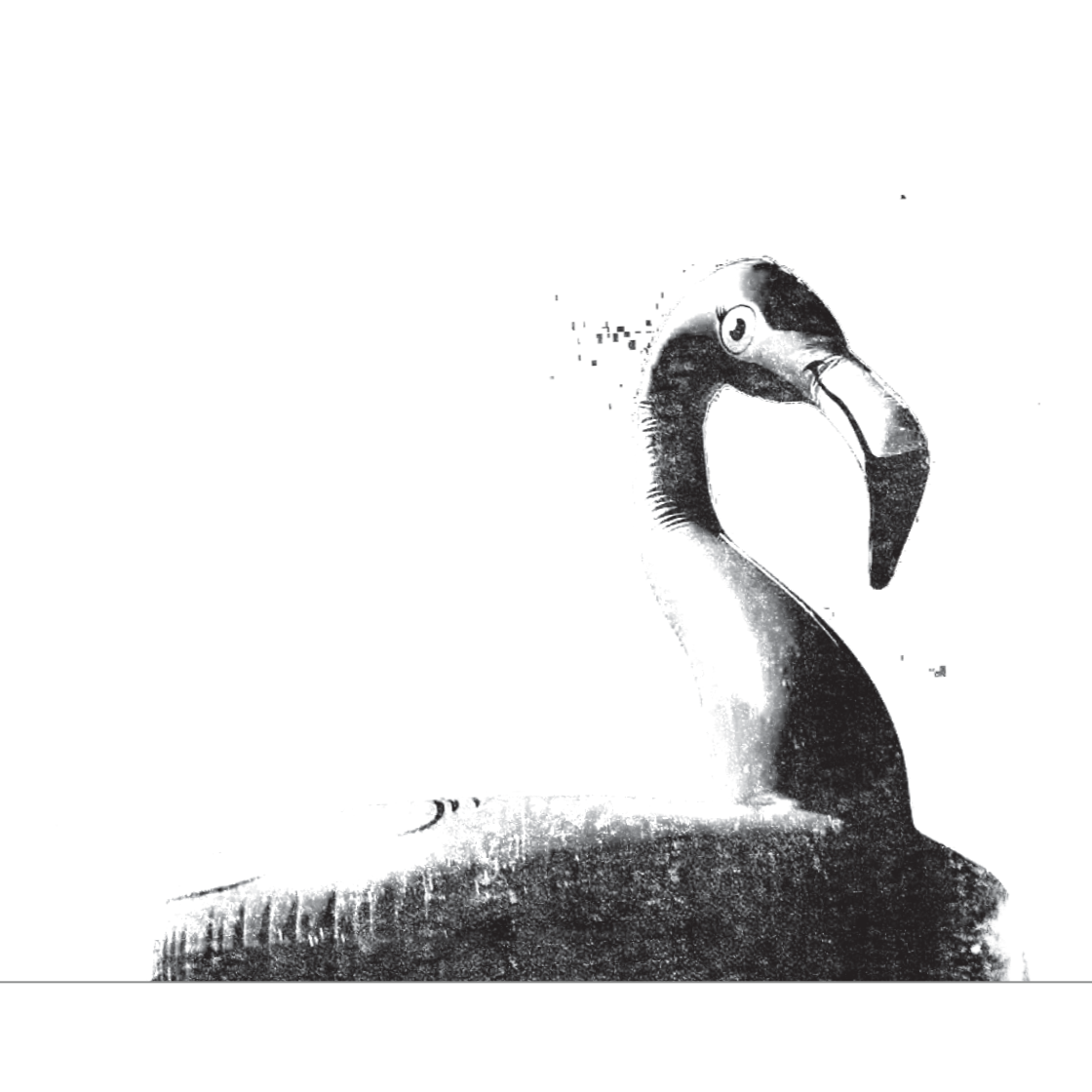 A black and white image of a flamingo pool-float on top of a thin line.