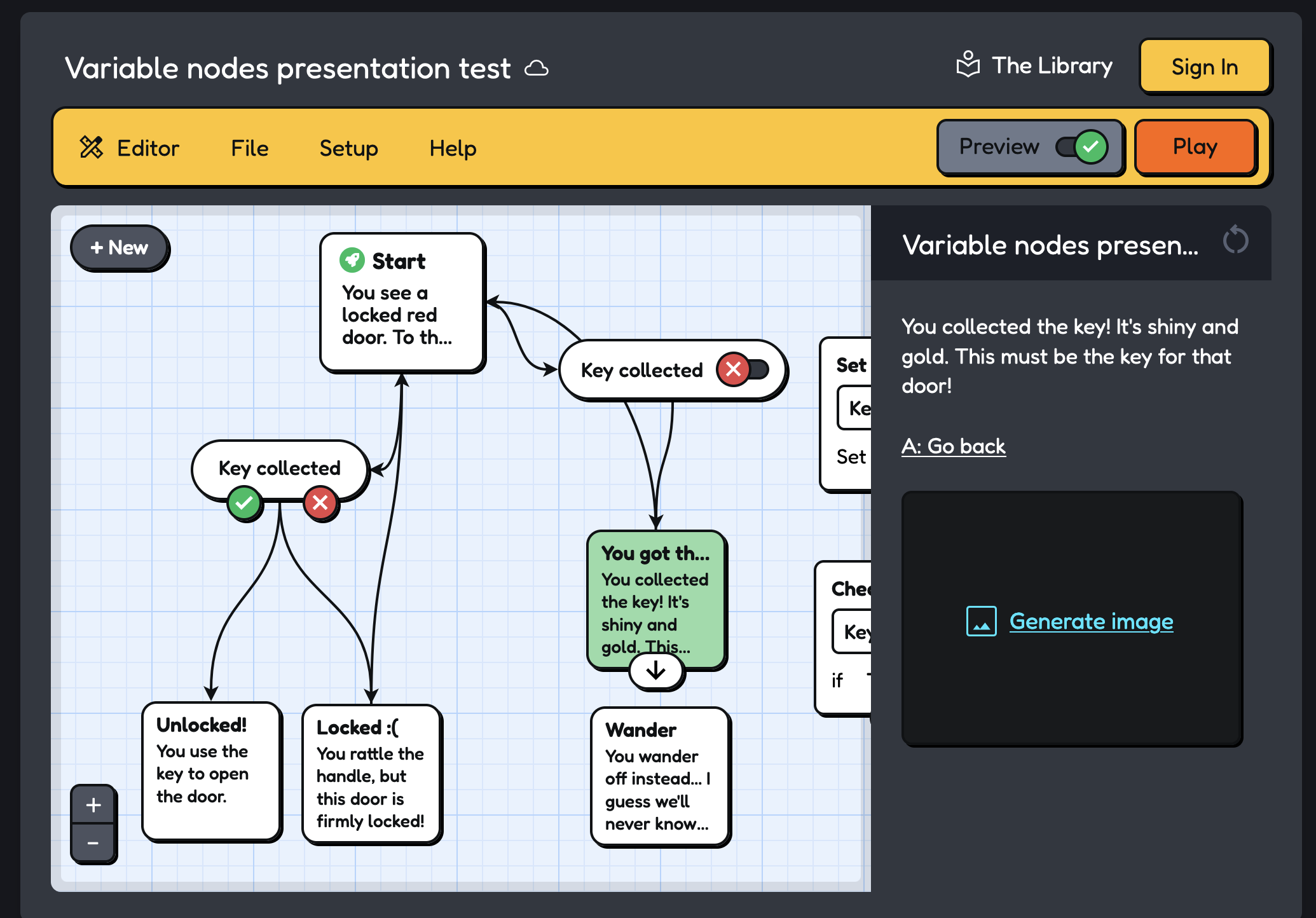 Screenshot of no-code Twine tool interface with node-based editor for conditional logic, showcasing a visual organization of storylines through connected nodes representing content or decision points.