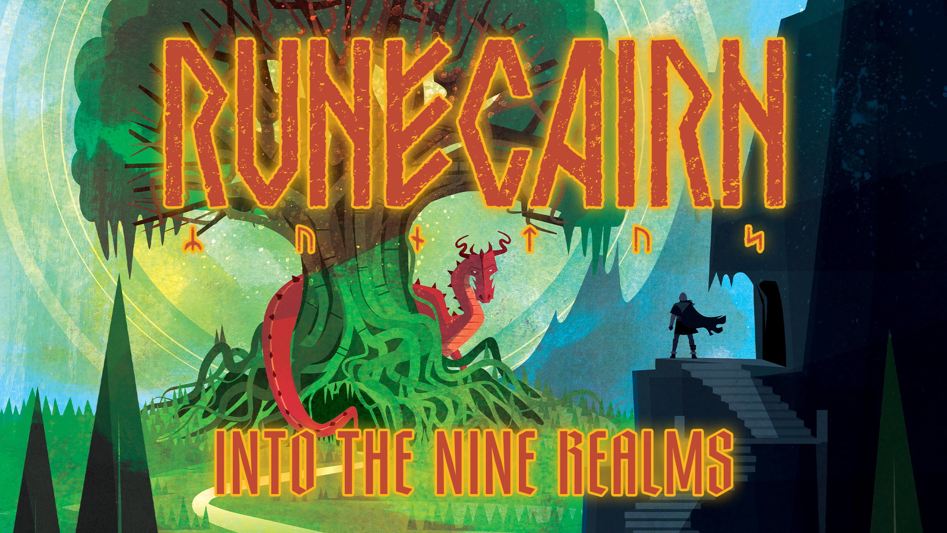 Runecairn: Into the Nine Realms. Colourful and stylised cover depicting an enormous green tree with a red serpent wrapped around it. A lone adventurer watches the dragon, stood outside a cave and near stone steps leading to adventure.