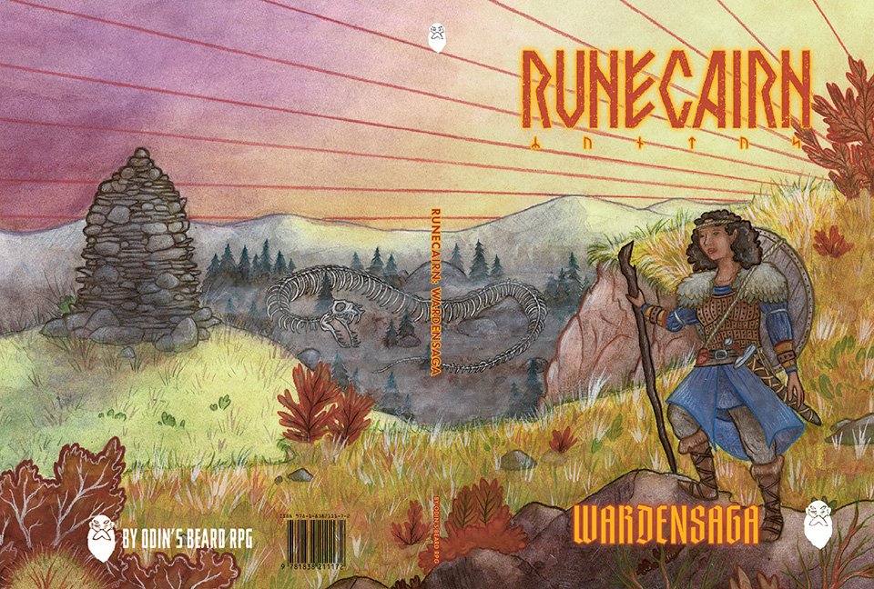 Runecairn Wardensaga variant cover. Vibrant painting of a shieldmaiden  with dark skin and black hair overlooking a valley. There's a stone cairn in the midground and a massive snake skeleton in the background. Brilliant mix of reds and yellows. Art by Annemieke van Barlingen.