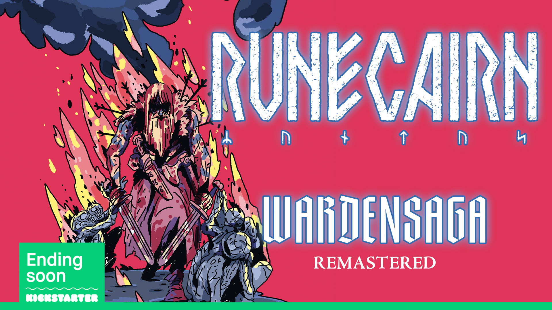 Runecairn Wardensaga Remastered. Vibrant blue and magenta, burning Viking warrior wielding two swords and surrounded by the charred and yearning dead. Art by CROM.