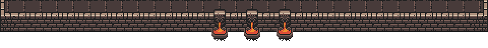 Pixel art stone wall with three torches mounted on the lower section, each with animated flames.