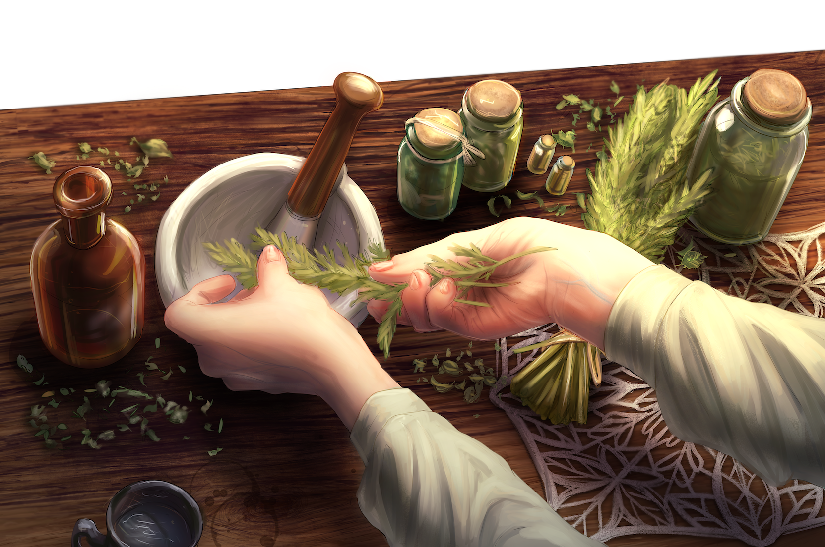 First-person perspective of hands adding plants to a mortar and pestle. Jars and bottles of all sizes sit haphazardly around the rough wood tabletop.
