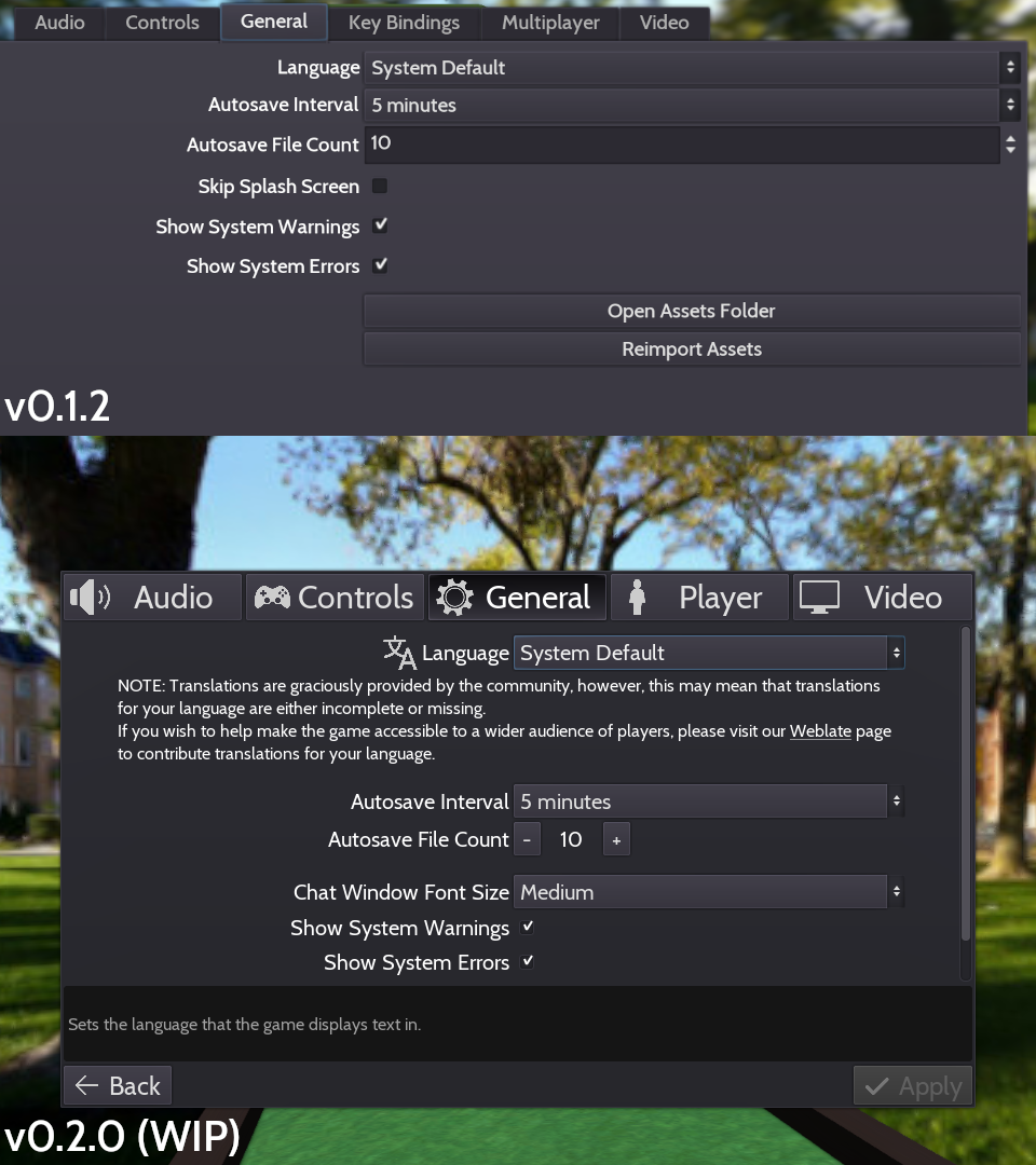 A comparison between the v0.1.2 general settings and the v0.2.0 ones.