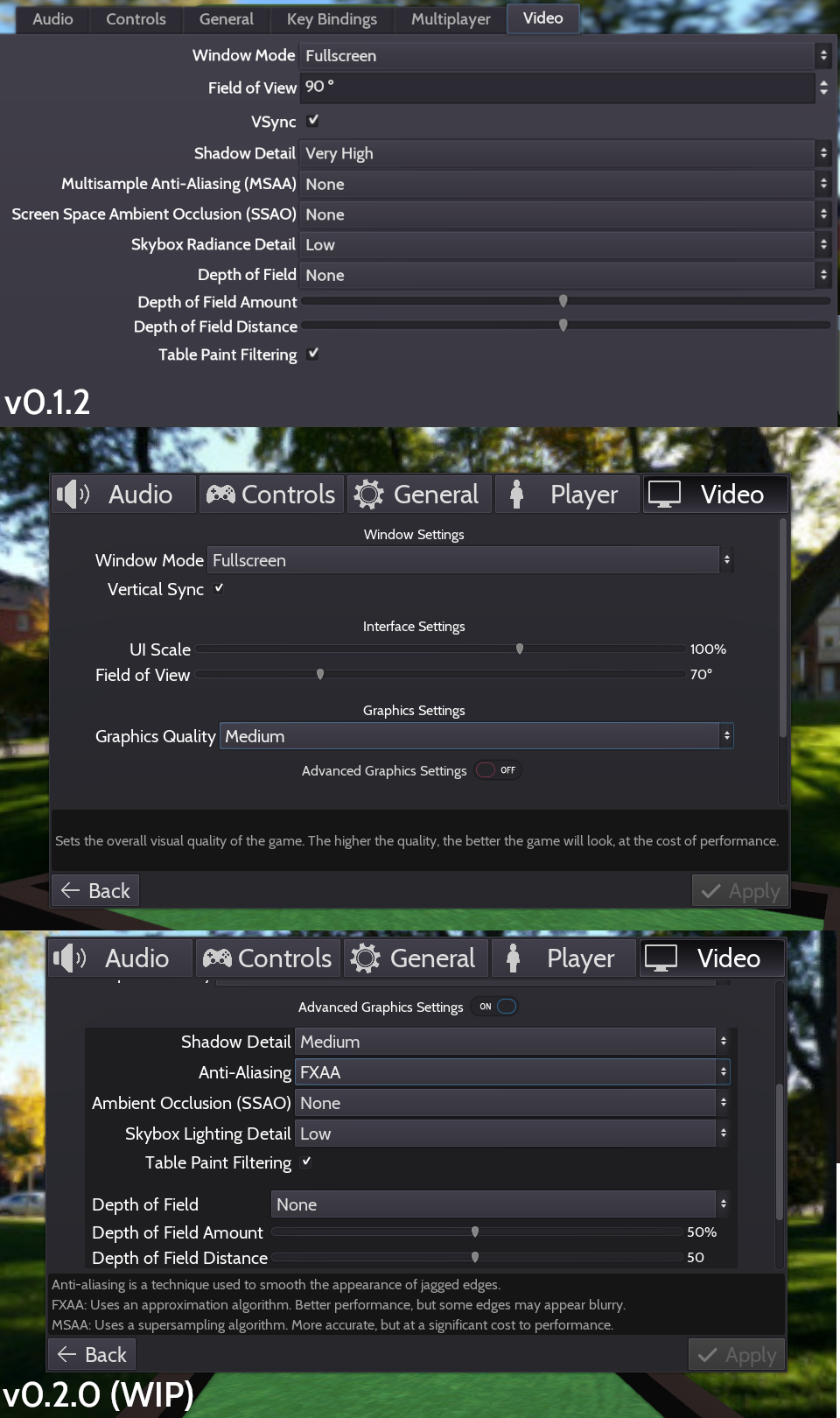 A comparison between the v0.1.2 video settings and the v0.2.0 ones.
