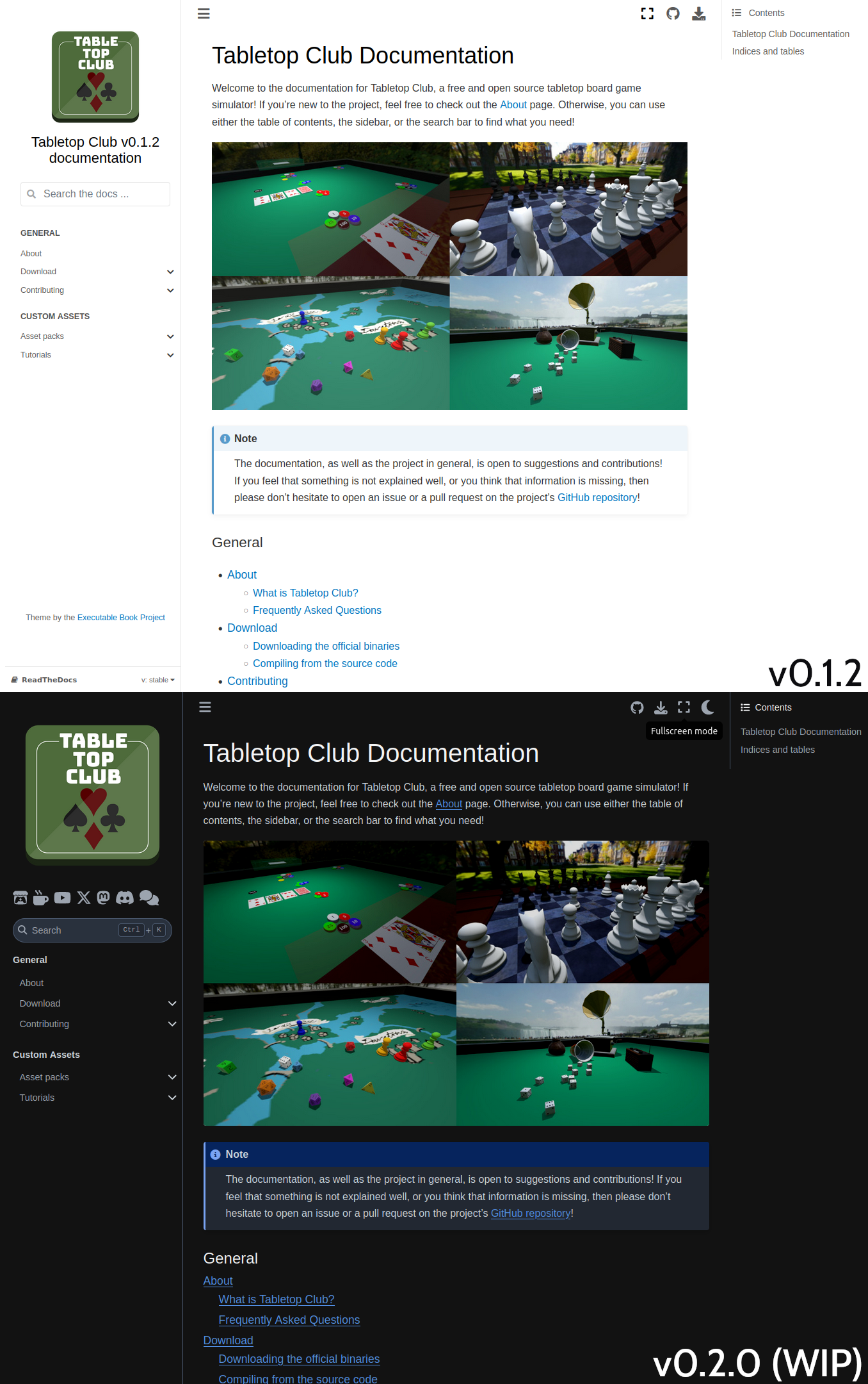 A comparison between the v0.1.2 documentation home page and the v0.2.0 home page.