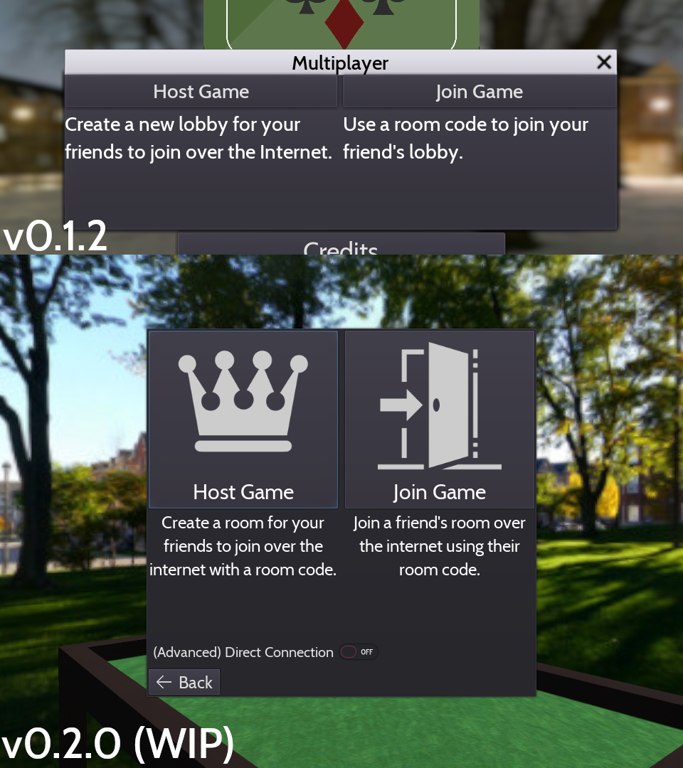 A comparison between the v0.1.2 multiplayer menu and the v0.2.0 one.