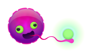 A cute, round, magenta slime creature with green googly eyes. It is sticking out its long tongue to catch a glowing green fuel pellet.