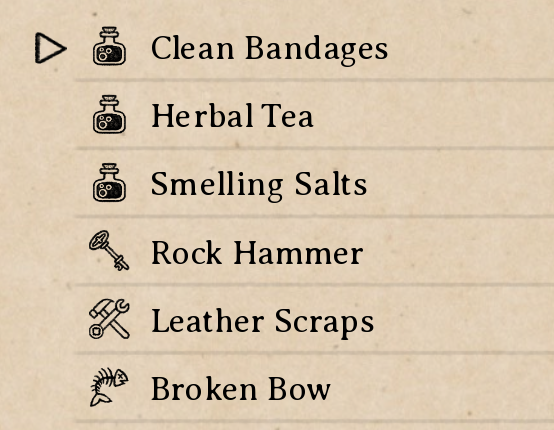 A list of inventory items with icons