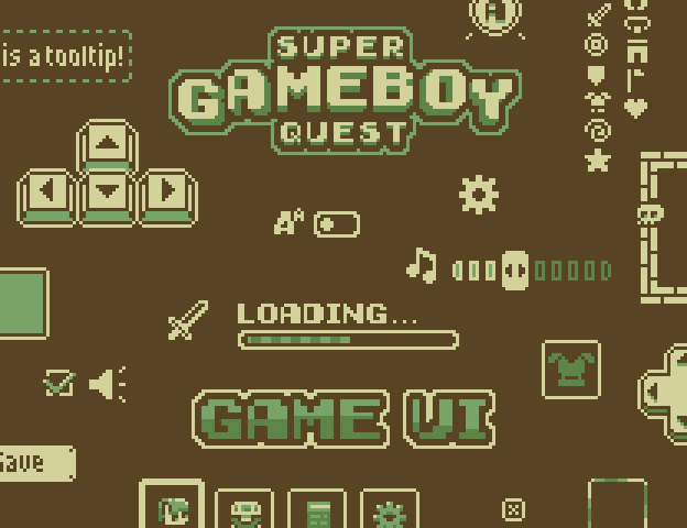 Pixel art game interface with green and brown tones, featuring the title 'Super Gameboy Quest' and various UI elements.