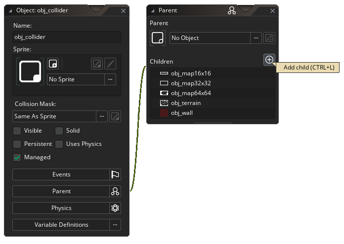 Gamemaker Studio 2 obj_collider parent with children added