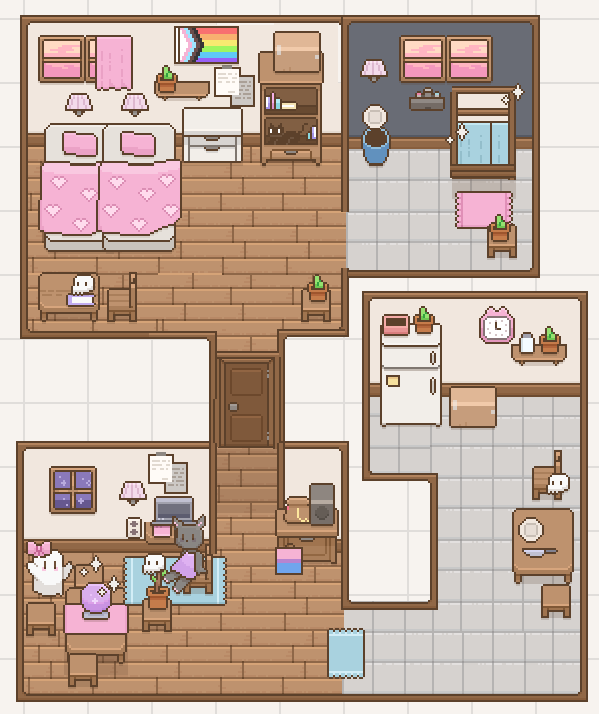 scene of a house made with the game, there’s a bedroom, a tiny bathroom, a living room and a kitchen, and there are some characters playing in the living room with ghost ball