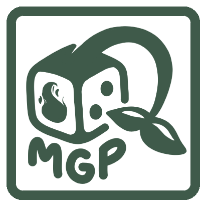 Mean Green Press logo, featuring a green die with a sapling popping out of an opening on the top. Below it are the initials "MGP" 