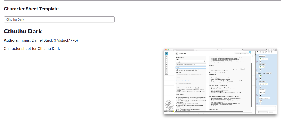Selecting the Character Sheet Template for Cthulhu Dark