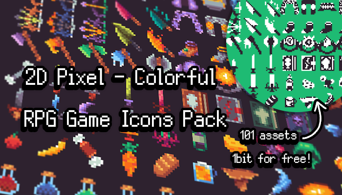 2D Pixel - Colorful RPG Game Icons Pack (101 assets 1bit for free!)