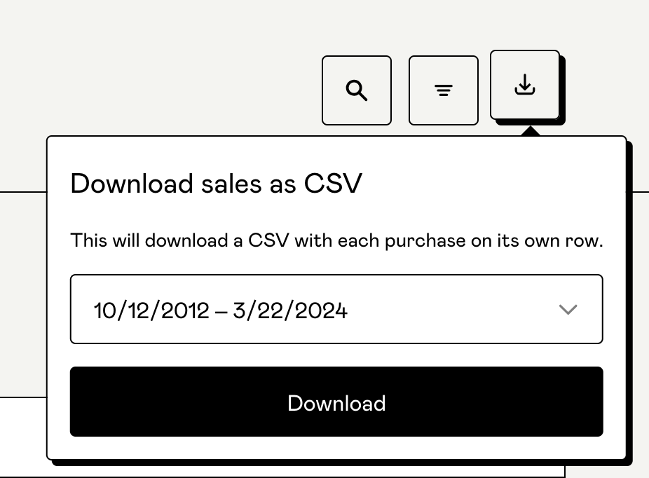 An image showing the menu that appears when you select the download icon on the Gumroad Customers page