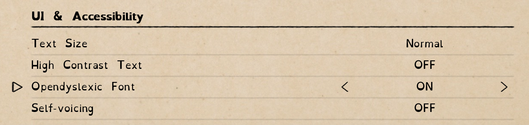 Game settings in OpenDyslexic font
