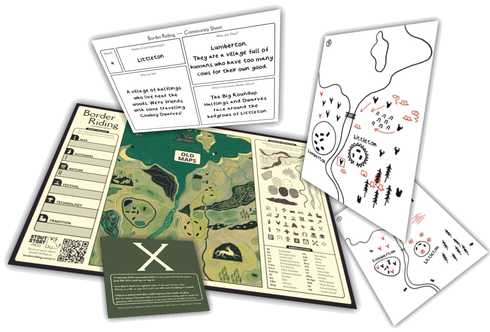 Image of different play materials floating and overlapping one another. These include hand drawn maps with annotations, a sheet with written notes, a play mat, and an X-card.