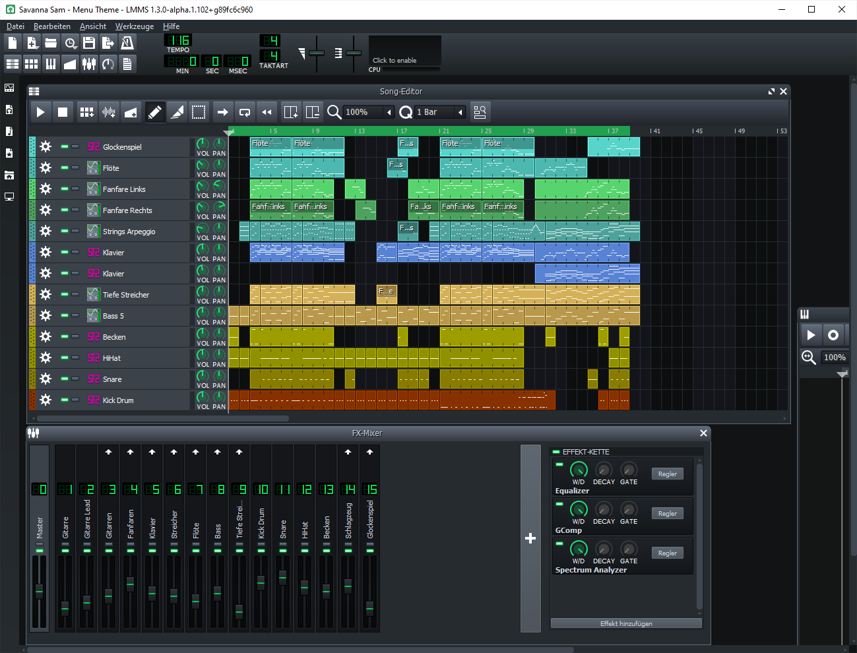 LMMS showing the song editor for the Savanna Sam theme song