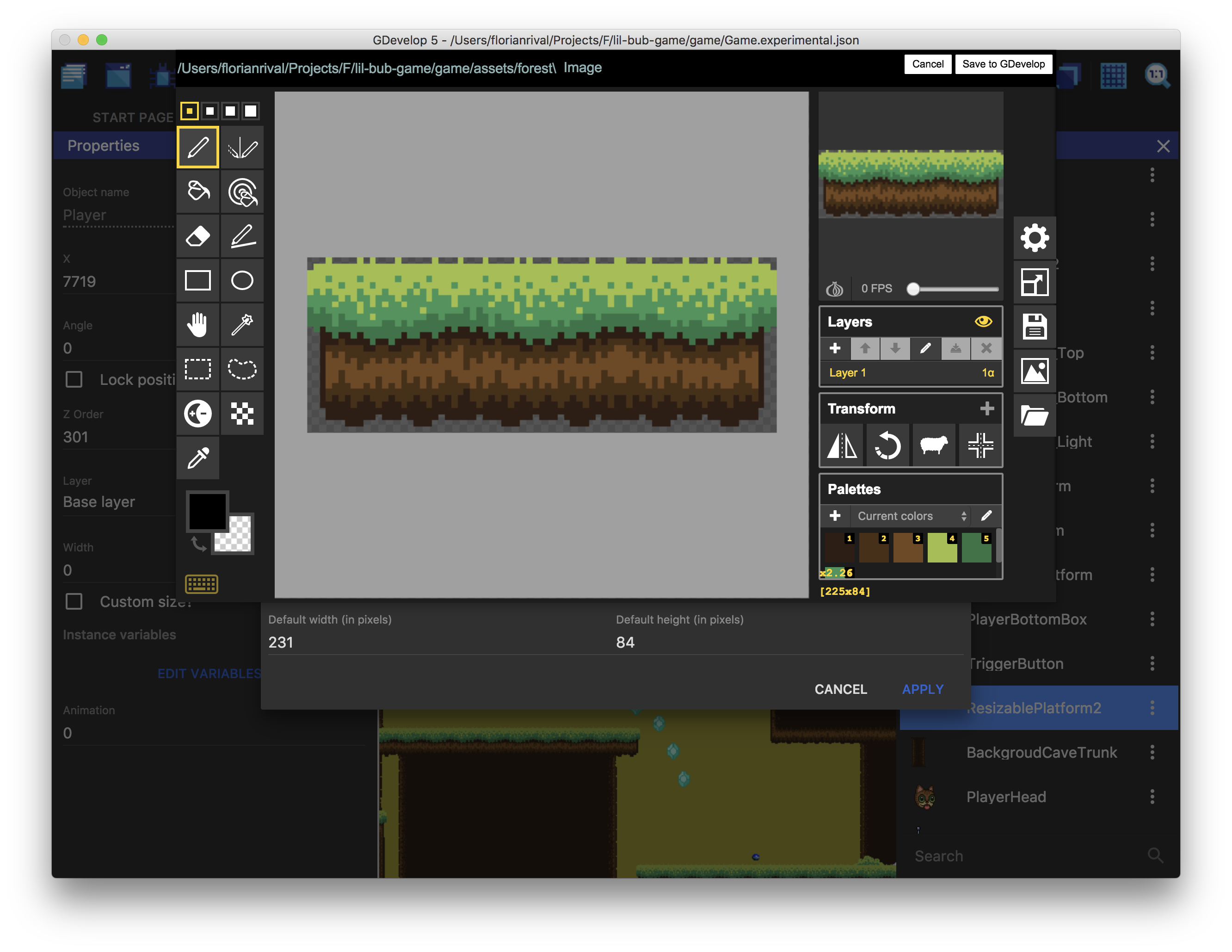 Editing a sprite with Piskel, embedded editor in GDevelop