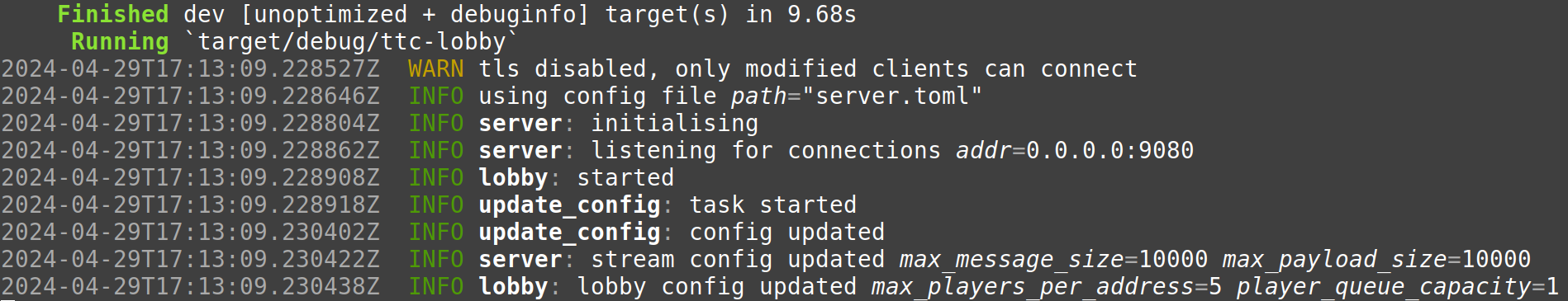 A screenshot of the new master server terminal output, from Rust.