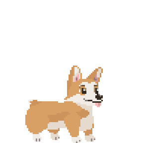 Animated pixel gif of a corgi behaving normally before looking around and transforming into a Mystery Corgi with a swirl of pink smoke. The Mystery Corgi has a hat, mask, and magnifying glass. The words Mystery and Corgi appear above and below the corgi's face.