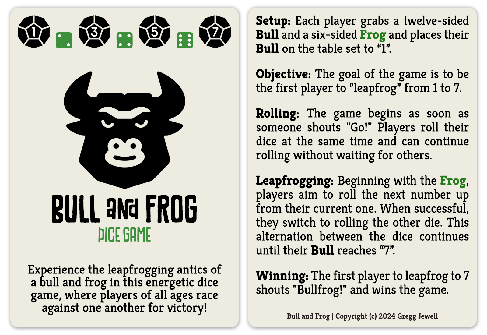 Bull and Frog Game Rules Card