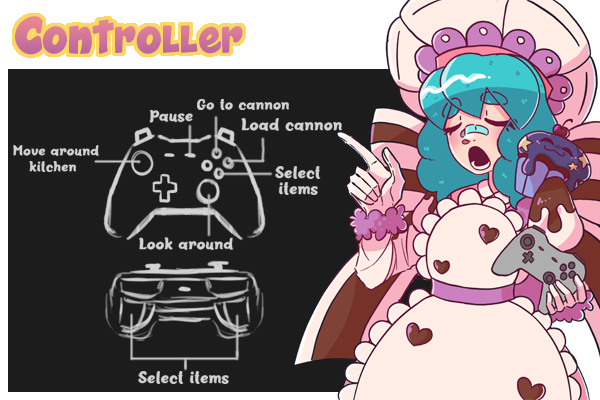 Controller:  A/Triggers - Select items Right Stick -  Look around B - Load cannon Left Stick- Move around the kitchen Y - Go to cannon Start - Pause