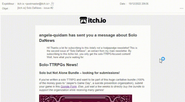 Screenshot of an "itchio email newsletter": basic titles with text, with a picture in it