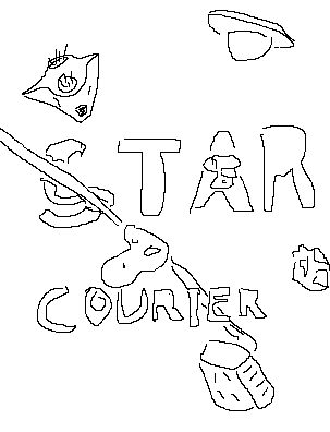 A digital line sketch of a classic triangular spaceship flying past asteroids, a flying saucer, and a laser beam from a brick-shaped ship with a gun attached to it. The beam is slicing through the S in the title “Star Courier”.