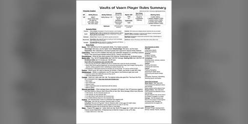 Cover image for Vaults of Vaarn Player Rules Summary