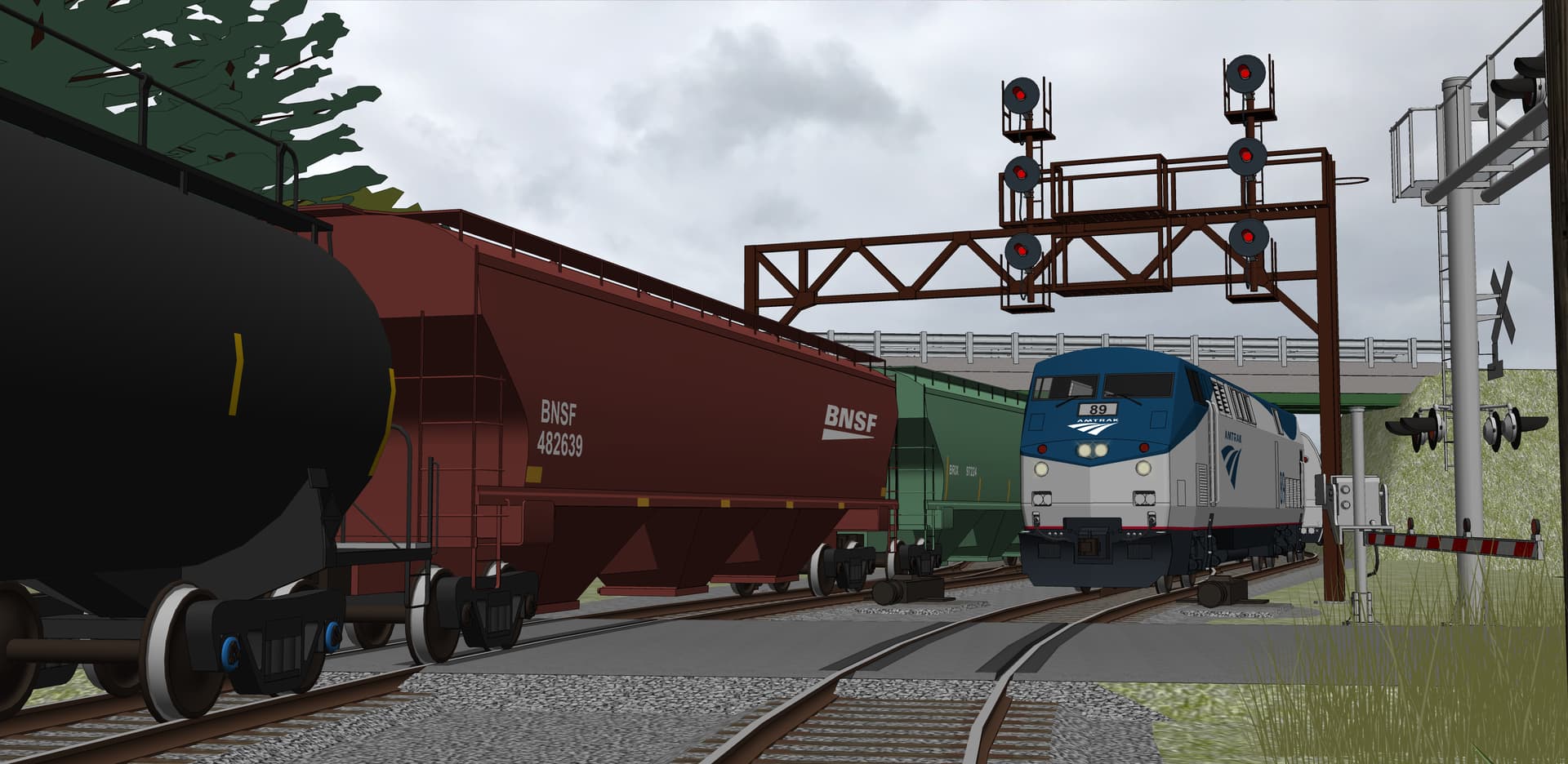 P42DC Passes Freight Train