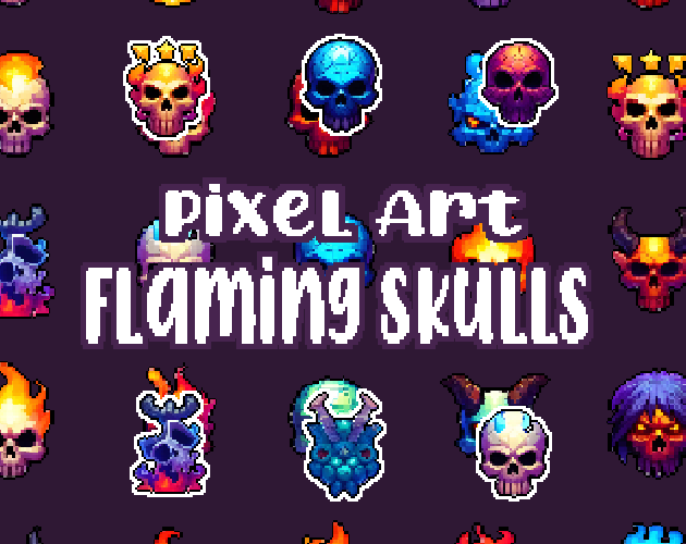 30+ Flaming Skulls - Pixelart - Icons -  for Pixel Art Games & Pixel Art Projects.