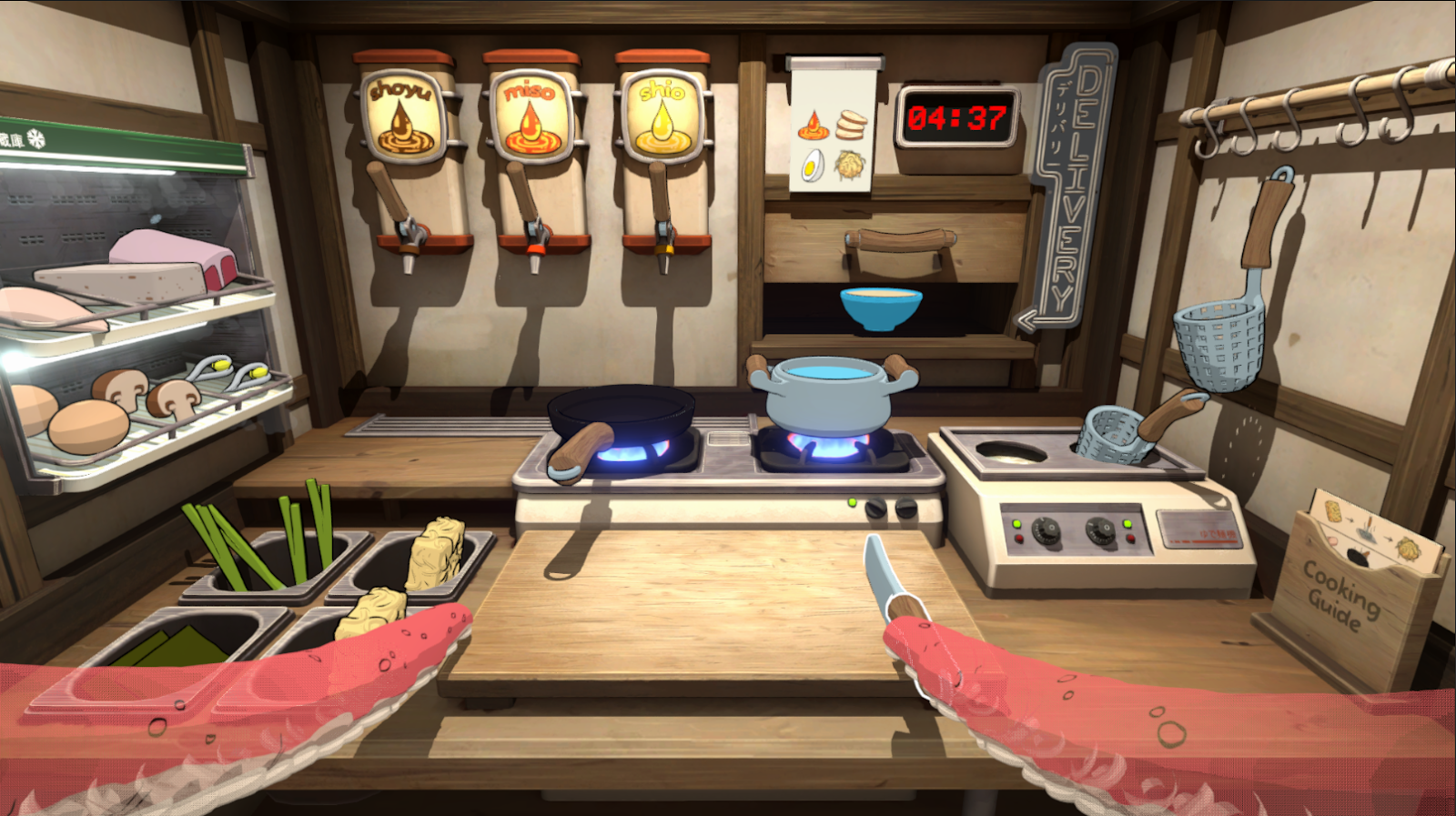 A beautiful kitchen. It’s really hard to imagine a more beautiful one, to be honest. It’s got a knife, a pan, a bunch of ramen ingredients, and various other tools. It’s in a classic Japanese style, reminiscent of Studio Ghibli.