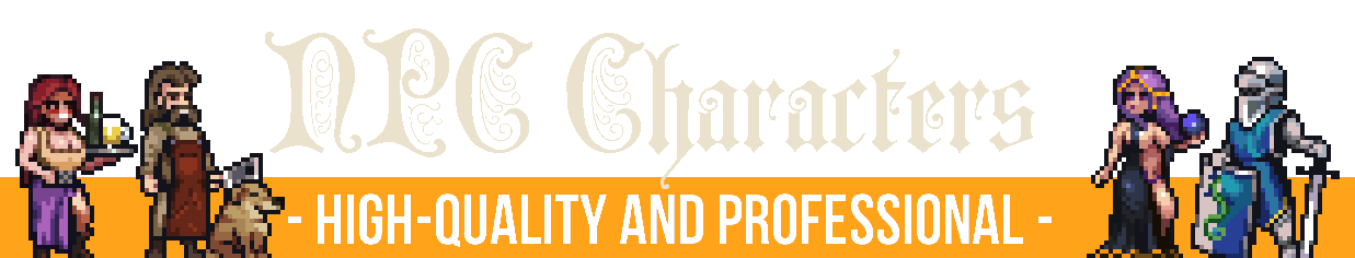 Pixel art of four fantasy NPC characters flanking ornate text reading 'NPC Characters - High-Quality and Professional'.