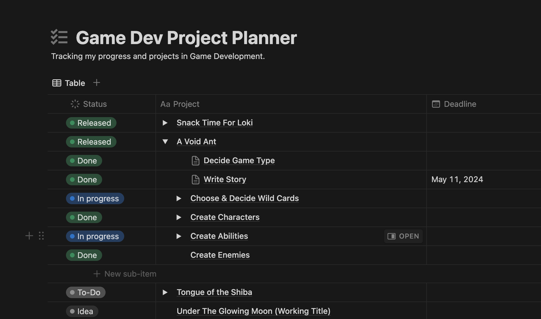 My Game Dev Project Planner board on Notion