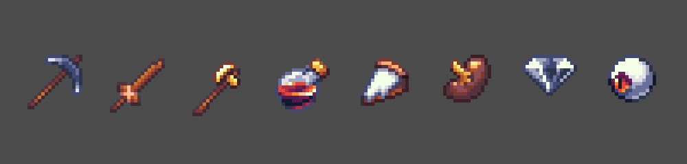 Pixel art icons of a pickaxe, sword, axe, potion, horn, boot, diamond, and eyeball on a gray background.