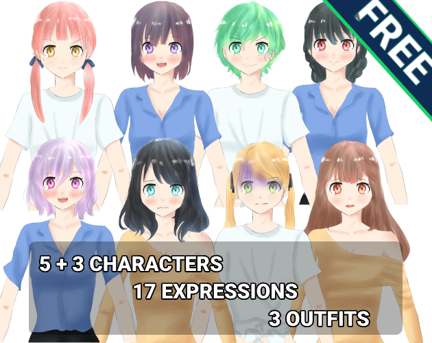Free Character Set A02 for Visual Novels (3 Outfits) by Potat0Master
